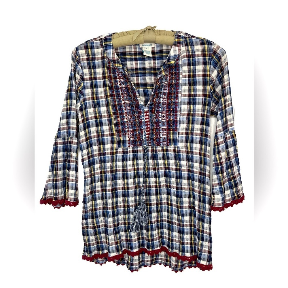 Sundance Crinkle Cotton Plaid Embroidered Top Bell Sleeve Crochet Edge Detail S
